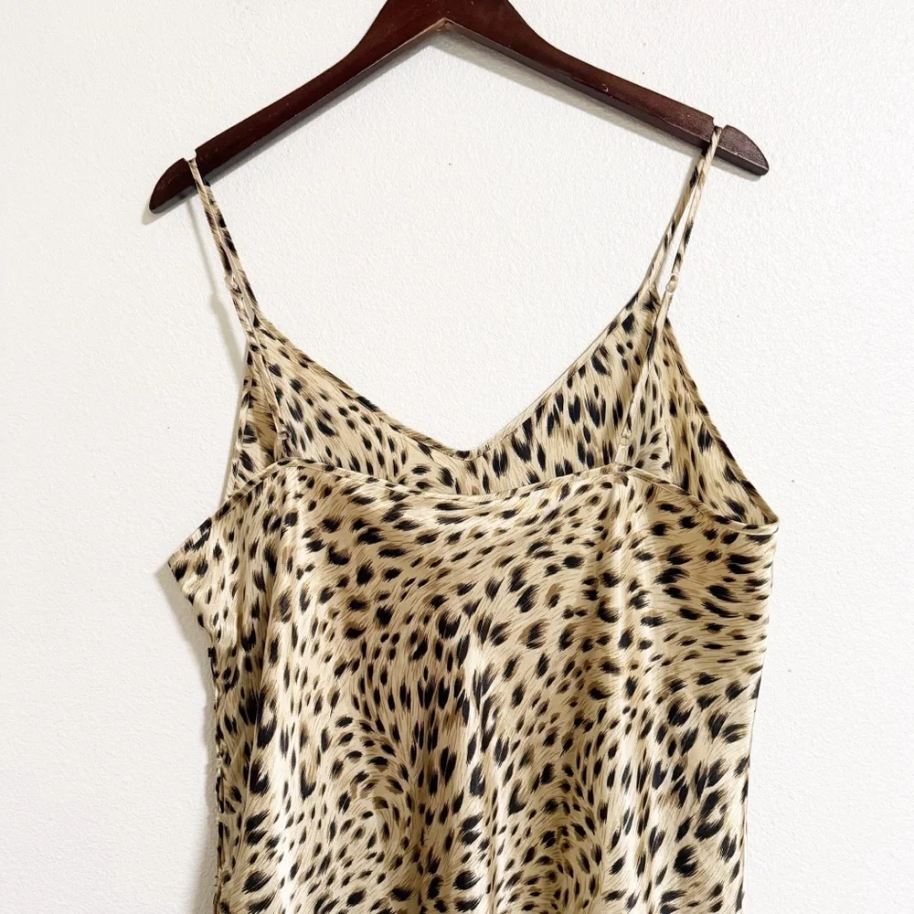Secret Treasures Leopard Print Satin Lace Up Midi Slip Dress Chemise Nightgown